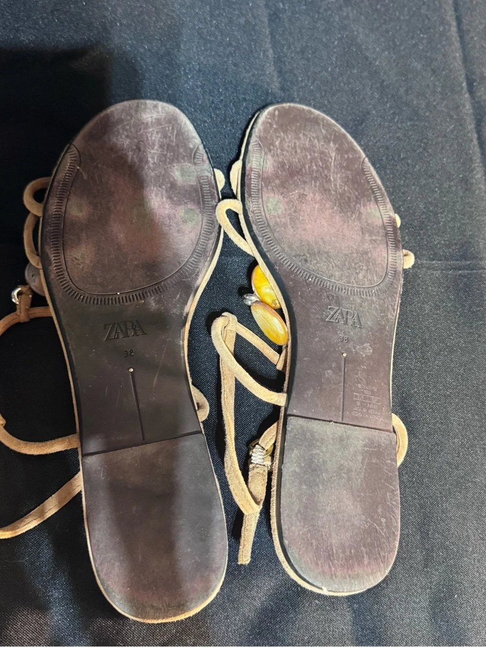 Zara Beige Suede Strappy Sandals with Yellow Shell Accents - Picture 2 of 4